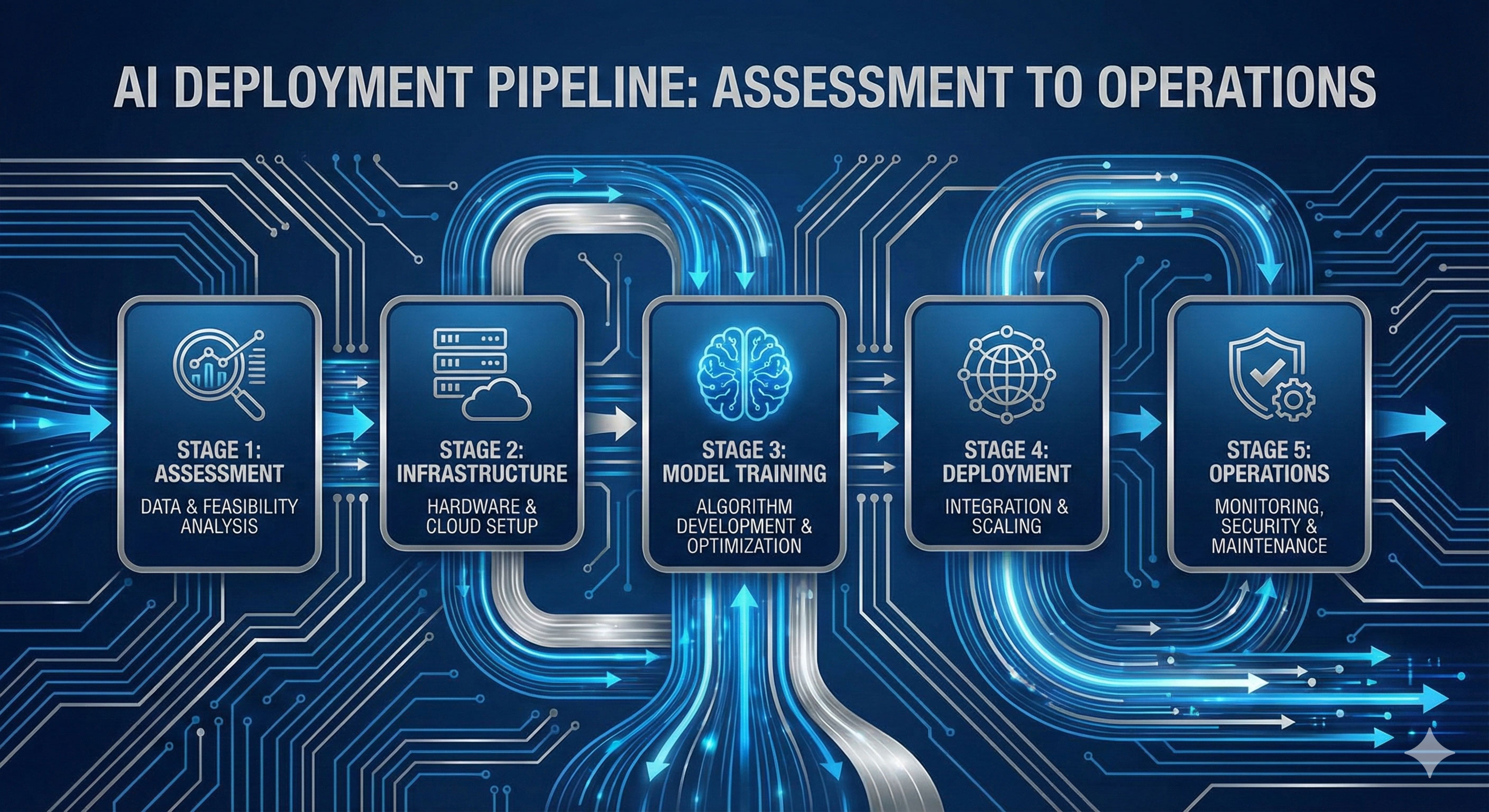 Illustrated AI deployment stages from assessment to operations